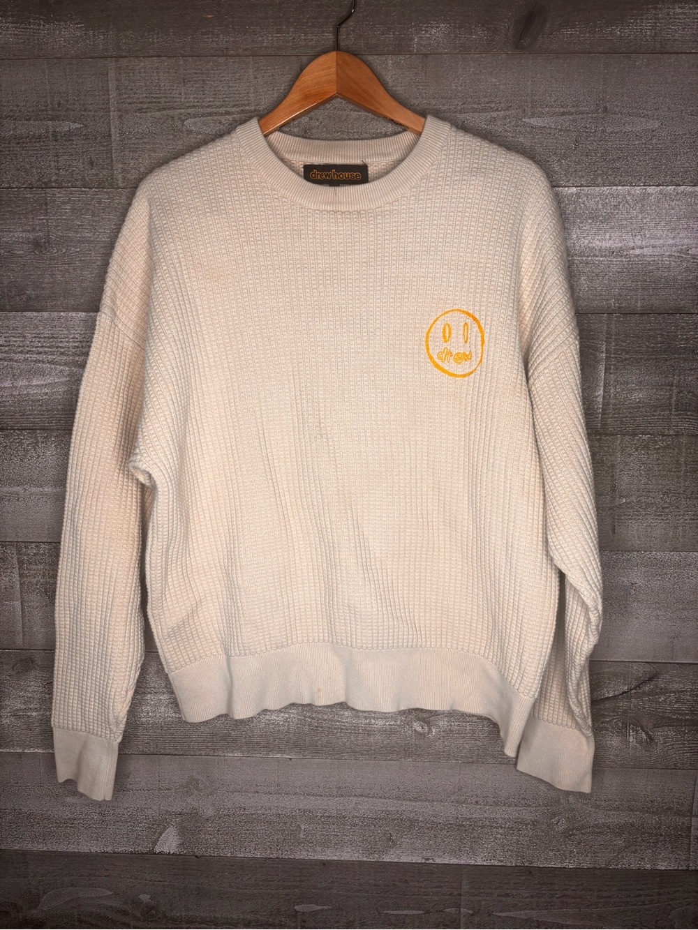 DrewHouse Cream cotton Mascot waffle Knit Crewneck Sweater Embroidered logo